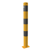 Barrier post | steel tube  89 x 2,9 mm | yellow / black | stationary, to be fixed by plugswith base plate 100 x 150 mm | with 1 eyelet